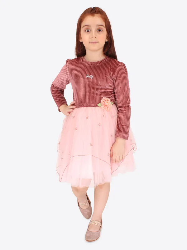 Cutecumber_Girls_Chenille_&_Net_Full_Sleeve_Winter_Embellished_Fit_&_Flared_Knee_Length_Dress.CC7625D-PEACH-44