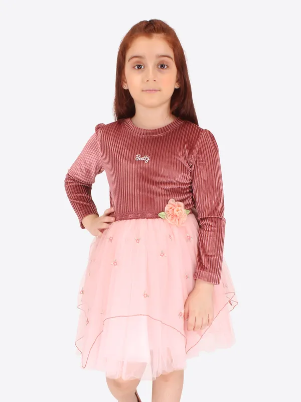Cutecumber_Girls_Chenille_&_Net_Full_Sleeve_Winter_Embellished_Fit_&_Flared_Knee_Length_Dress.CC7625D-PEACH-44