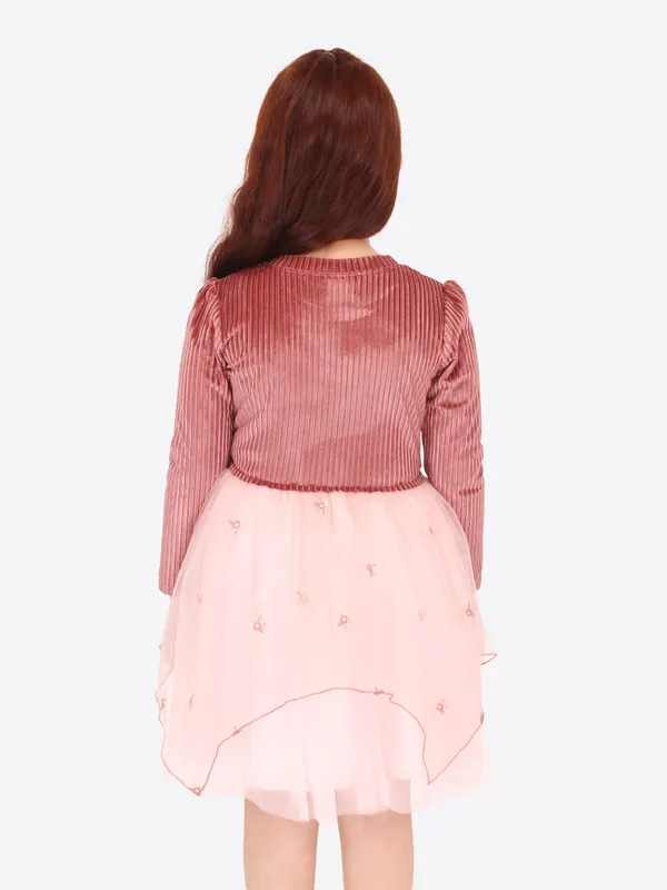 Cutecumber_Girls_Chenille_&_Net_Full_Sleeve_Winter_Embellished_Fit_&_Flared_Knee_Length_Dress.CC7625D-PEACH-44