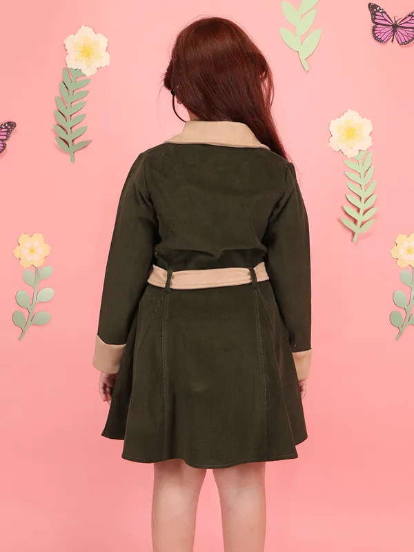 Cutecumber_Girls'_Winter_Coat_Dress_Olive_Corduroy_Contrast_Lapel_Collar_Full_Sleeve_Knee-Length_Frock_Suede_Fabric_Embellished_Fancy_Button_Closure_Casual_Outfit_for_Baby_Girls_&_Kids_Age_1-15_Yrs