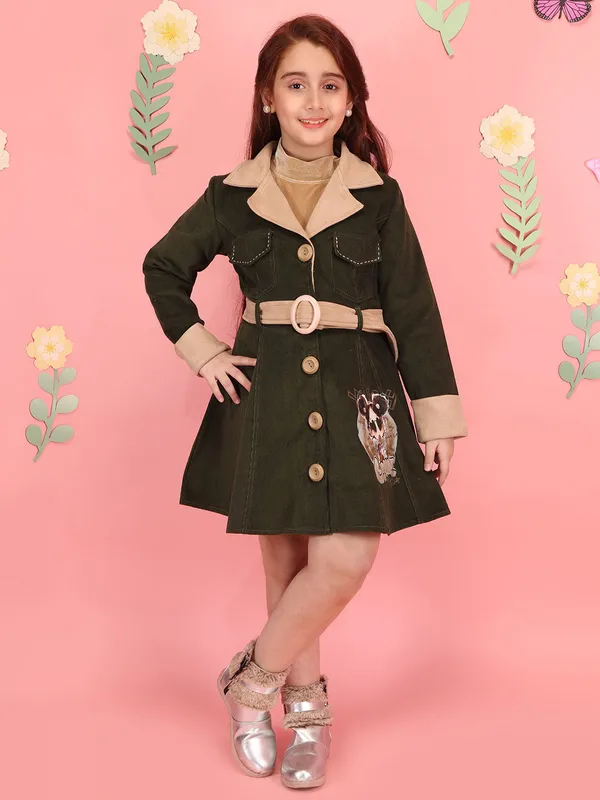 Cutecumber_Girls'_Winter_Coat_Dress_Olive_Corduroy_Contrast_Lapel_Collar_Full_Sleeve_Knee-Length_Frock_Suede_Fabric_Embellished_Fancy_Button_Closure_Casual_Outfit_for_Baby_Girls_&_Kids_Age_1-15_Yrs