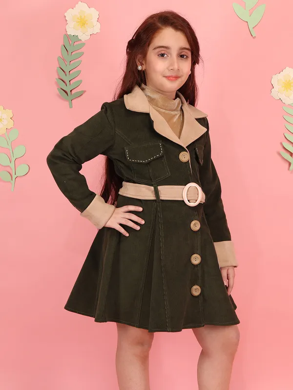 Cutecumber_Girls'_Winter_Coat_Dress_Olive_Corduroy_Contrast_Lapel_Collar_Full_Sleeve_Knee-Length_Frock_Suede_Fabric_Embellished_Fancy_Button_Closure_Casual_Outfit_for_Baby_Girls_&_Kids_Age_1-15_Yrs
