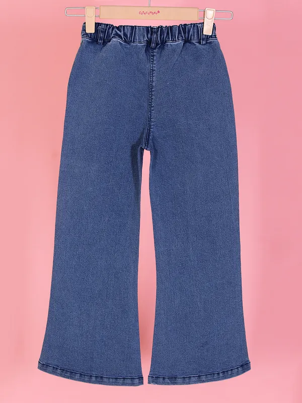 Cutecumber_Girls_Blue_Denim_Flared_Jeans_Elastic_Waist_Floral_Applique_Patch_Wide_Leg_Stylish_Trendy_Kids_Fashion_Comfortable_Bottomwear_Baby_Girls_&_Kids_Age_1-9_Yrs