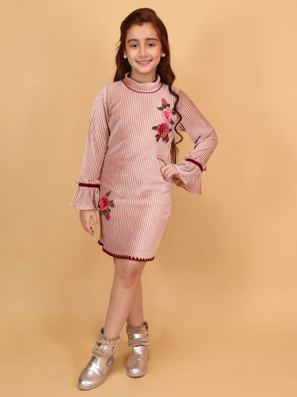 Cutecumber_Pink_Winter_A-Line_Knee_Length_Dress_for_Girls'_Soft_Chenille_Fabric_High_Neck_Bell_Sleeve_Rose_Embellished_Stylish_Zip_Closure_Casual_Party_Outfit_for_Baby_Girls_&_Kids_Age_1-15_Yrs