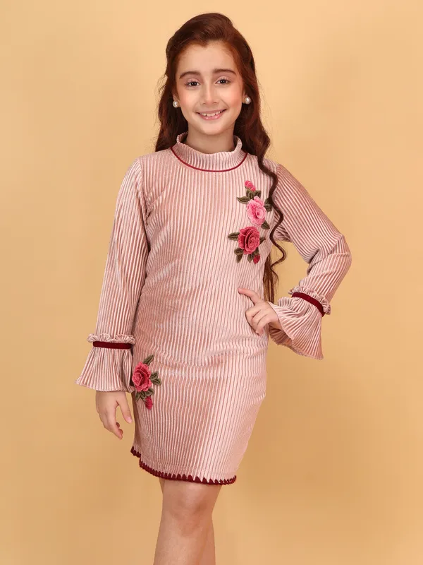 Cutecumber_Pink_Winter_A-Line_Knee_Length_Dress_for_Girls'_Soft_Chenille_Fabric_High_Neck_Bell_Sleeve_Rose_Embellished_Stylish_Zip_Closure_Casual_Party_Outfit_for_Baby_Girls_&_Kids_Age_1-15_Yrs