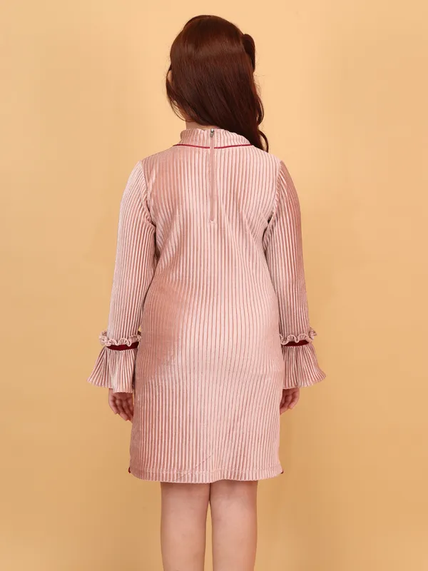 Cutecumber_Pink_Winter_A-Line_Knee_Length_Dress_for_Girls'_Soft_Chenille_Fabric_High_Neck_Bell_Sleeve_Rose_Embellished_Stylish_Zip_Closure_Casual_Party_Outfit_for_Baby_Girls_&_Kids_Age_1-15_Yrs
