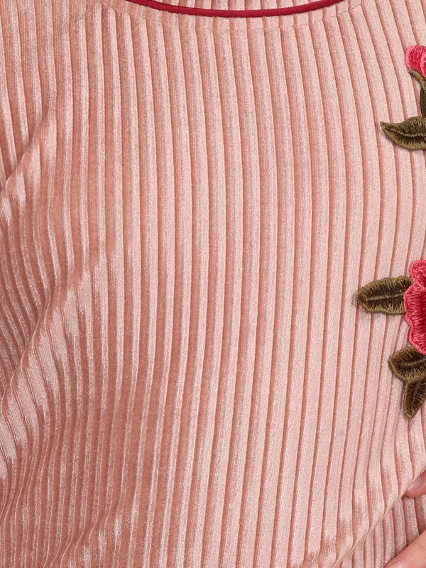 Cutecumber_Pink_Winter_A-Line_Knee_Length_Dress_for_Girls'_Soft_Chenille_Fabric_High_Neck_Bell_Sleeve_Rose_Embellished_Stylish_Zip_Closure_Casual_Party_Outfit_for_Baby_Girls_&_Kids_Age_1-15_Yrs