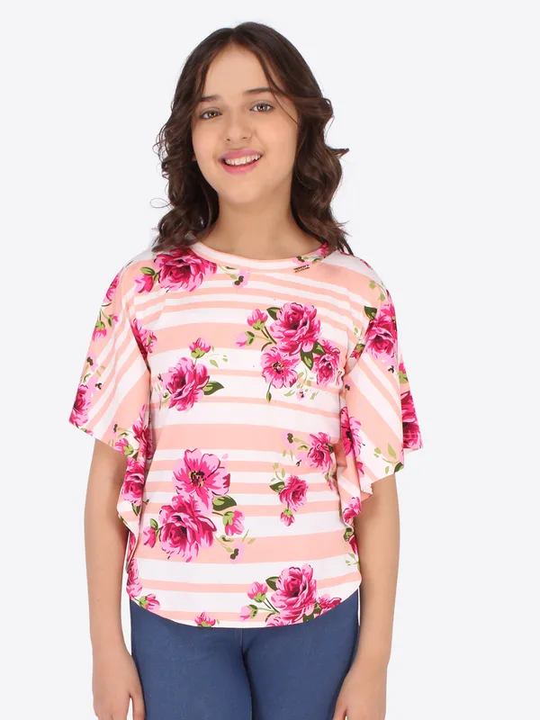 Cutecumber_Girls_Cotton_Knit_Striped_&_Floral_Printed_Peach_Top._CC6441A-PEACH