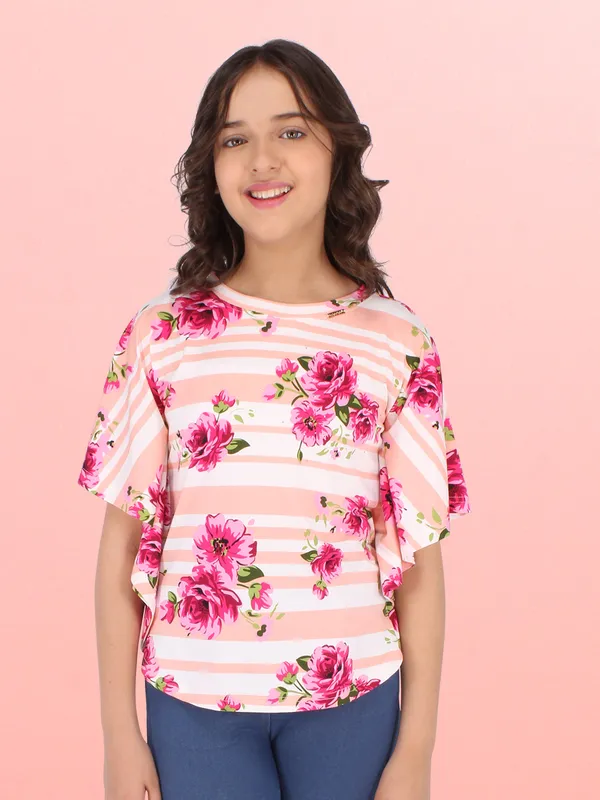 Cutecumber_Girls_Cotton_Knit_Striped_&_Floral_Printed_Peach_Top._CC6441A-PEACH