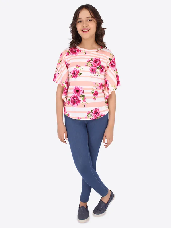 Cutecumber_Girls_Cotton_Knit_Striped_&_Floral_Printed_Peach_Top._CC6441A-PEACH