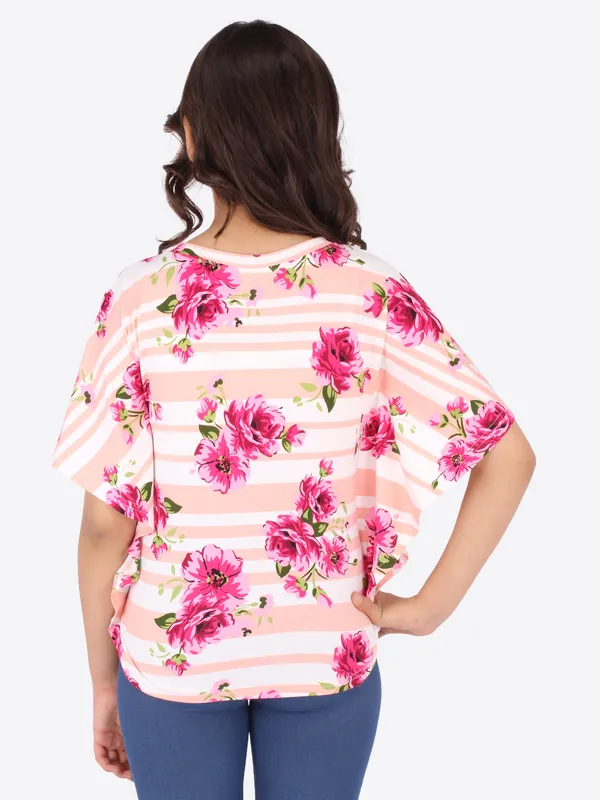 Cutecumber_Girls_Cotton_Knit_Striped_&_Floral_Printed_Peach_Top._CC6441A-PEACH