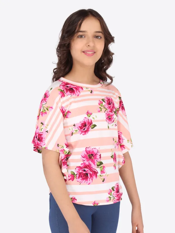 Cutecumber_Girls_Cotton_Knit_Striped_&_Floral_Printed_Peach_Top._CC6441A-PEACH
