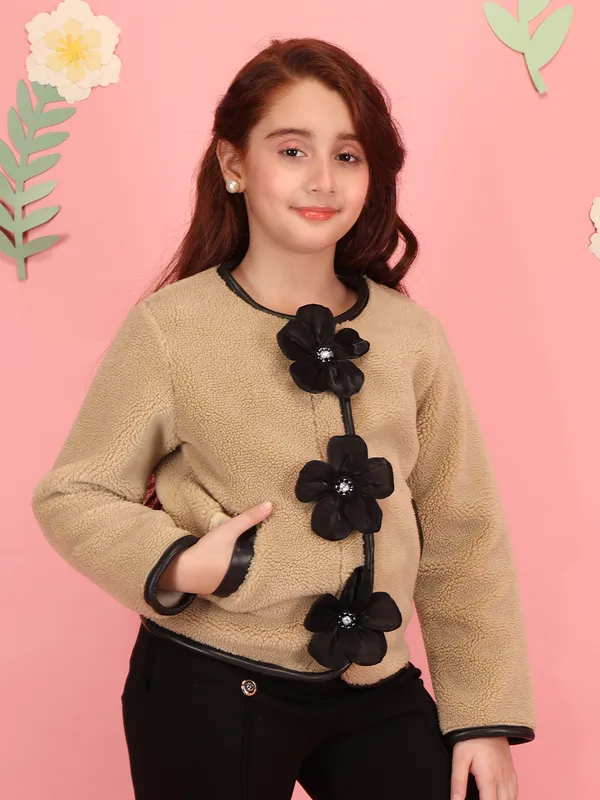 Cutecumber_Girls'_Warm_Winter_Sweatshirt_Beige_Shearling_Fabric_Round_Neck_Full_Sleeve_Pullover_Top_Ribbon_Bow_Embellished_Stylish_Button_Closure_Fancy_Casual_Outfit_for_Baby_Girls_&_Kids_Age_1-15_Yrs