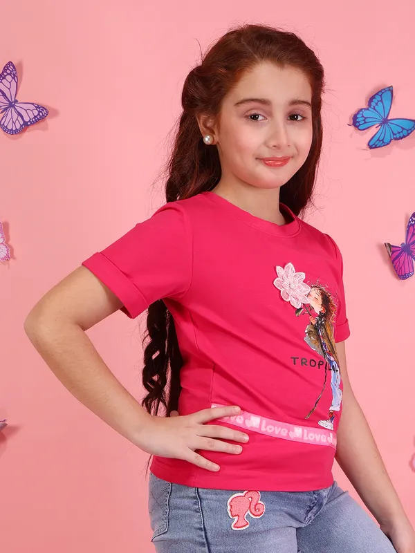 Cutecumber_Girls_Fuchsia_Short_Sleeve_Knit_T?Shirt_Floral_Applique_Print_Casual_Soft_Stretch_Fashion_Tee_Casual_Trendy_Stylish_Summer_Outfit_for_Baby_Girls_&_Kids_Age_1-15_Yrs