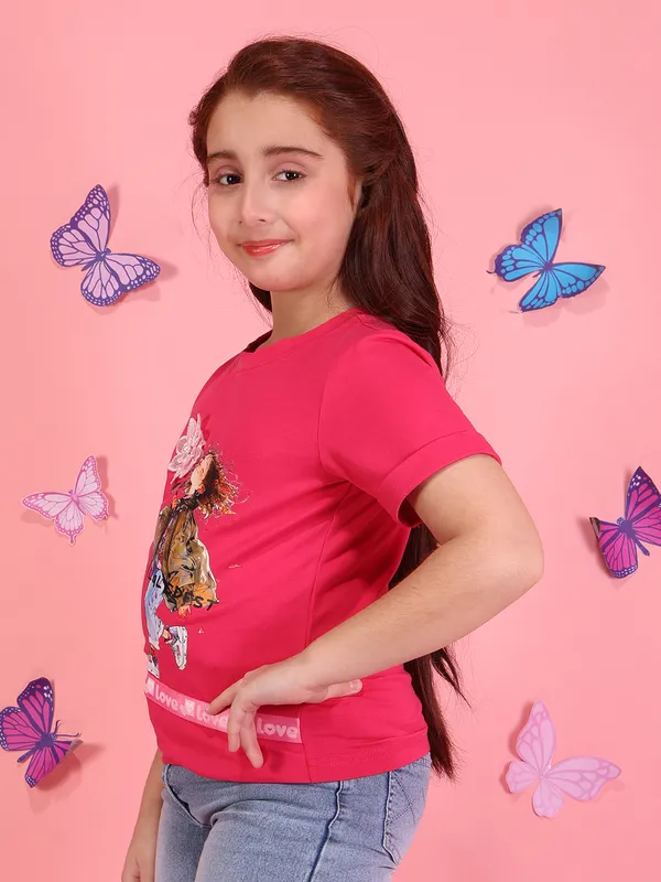 Cutecumber_Girls_Fuchsia_Short_Sleeve_Knit_T?Shirt_Floral_Applique_Print_Casual_Soft_Stretch_Fashion_Tee_Casual_Trendy_Stylish_Summer_Outfit_for_Baby_Girls_&_Kids_Age_1-15_Yrs