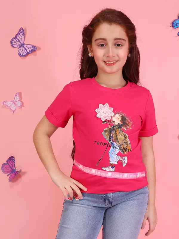 Cutecumber_Girls_Fuchsia_Short_Sleeve_Knit_T?Shirt_Floral_Applique_Print_Casual_Soft_Stretch_Fashion_Tee_Casual_Trendy_Stylish_Summer_Outfit_for_Baby_Girls_&_Kids_Age_1-15_Yrs