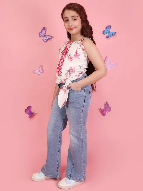 Cutecumber_Girls_Fuchsia_Floral_Lace_Up_Printed_Top_Denim_Jeans_Co_Ord_Set_Party_Stylish_Casual_Summer_Outfit_Button_&_Zip_Closure_Comfortable_Kids_Fashion_Clothing_Set_For_Girls_Age_1-15_Yrs