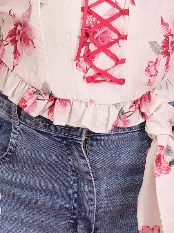 Cutecumber_Girls_Fuchsia_Floral_Lace_Up_Printed_Top_Denim_Jeans_Co_Ord_Set_Party_Stylish_Casual_Summer_Outfit_Button_&_Zip_Closure_Comfortable_Kids_Fashion_Clothing_Set_For_Girls_Age_1-15_Yrs