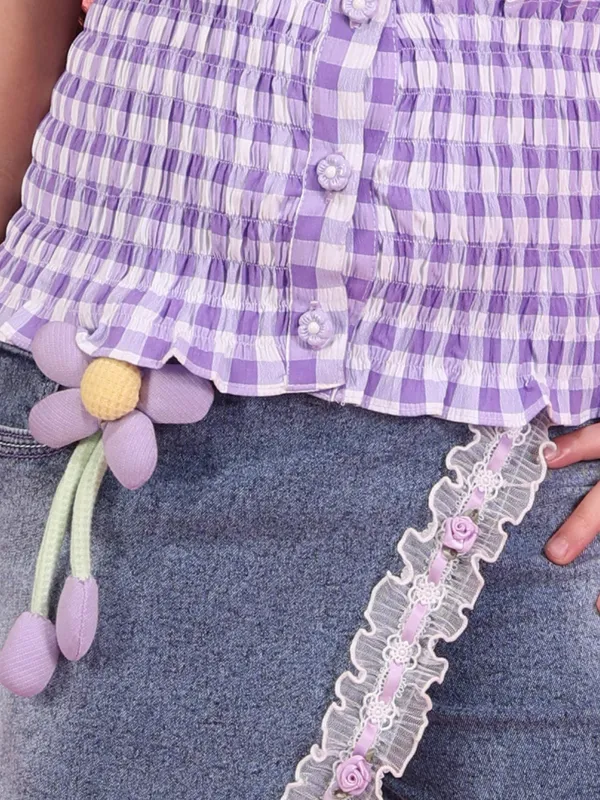 Cutecumber_Girls_Purple_Check_Shirt_Top,_Collared_Short_Puffed_Sleeve_Smocked_Waist_Applique_Design,_Button_Closure_Casual_Cotton_Blend_Summer_Outfit_for_Baby_Girls_&_Kids_Age_1-15_Yrs