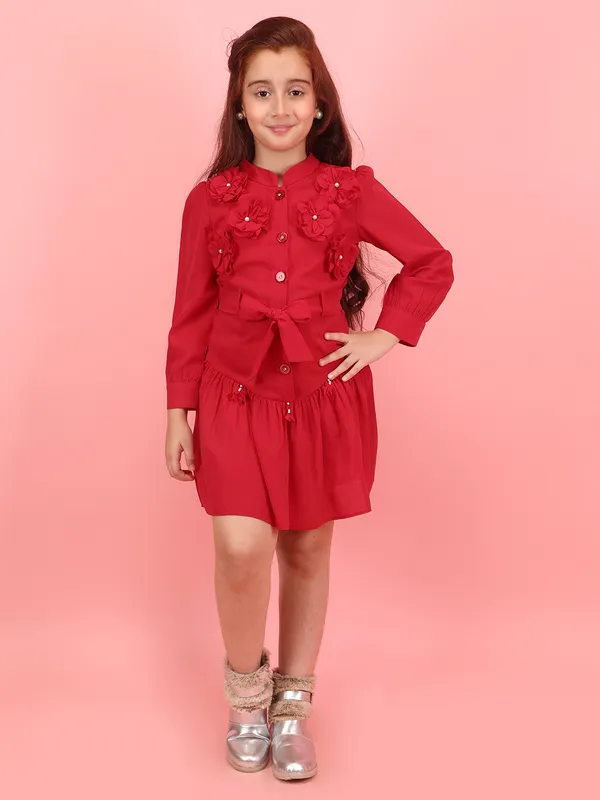 Cutecumber_Girls_Red_Sequin_Georgette_Dress_with_Cropped_Frock�_Zip-Back_Closure,_Knee-Length_Frock,_Long_Sleeves,_Round_Neck,_Birthday_Outfit_for_Baby_Girls_Kids_Ages_1�15