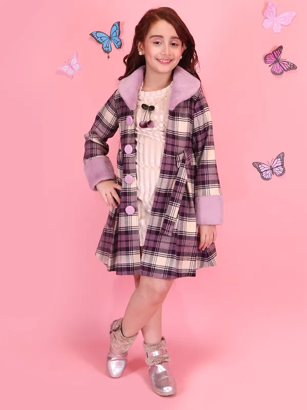 Cutecumber_Girls_Beige_Check_Winter_Party_Coat_A_Line_Dress_Chenille_Fabric_with_Button_and_Zip_Closure_Fur_Cuff_&_Collar_Full_Sleeve_Stylish_Winter_Fancy_Wear_for_Baby_Girls_and_Kids_Age_1_to_15_Yrs