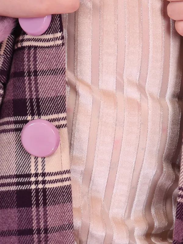 Cutecumber_Girls_Beige_Check_Winter_Party_Coat_A_Line_Dress_Chenille_Fabric_with_Button_and_Zip_Closure_Fur_Cuff_&_Collar_Full_Sleeve_Stylish_Winter_Fancy_Wear_for_Baby_Girls_and_Kids_Age_1_to_15_Yrs