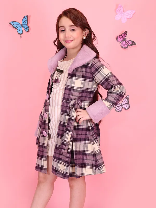 Cutecumber_Girls_Beige_Check_Winter_Party_Coat_A_Line_Dress_Chenille_Fabric_with_Button_and_Zip_Closure_Fur_Cuff_&_Collar_Full_Sleeve_Stylish_Winter_Fancy_Wear_for_Baby_Girls_and_Kids_Age_1_to_15_Yrs