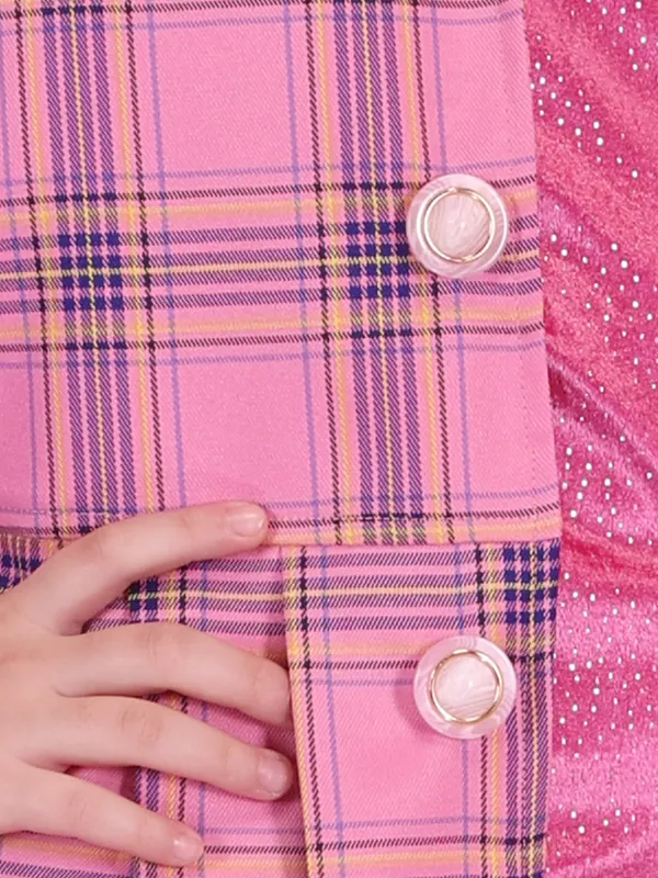 Cutecumber_Girls'_Fuschia_Check_Winter_Long_Coat_Two_Piece_Dress_Set_for_Baby_Girls_and_Kids_1_to_15_Years_with_Lapel_Collar_Glitter_Chenille_Fabric_Stylish_Sleeveless_Inner_Dress_Festive_Kids_Outfit