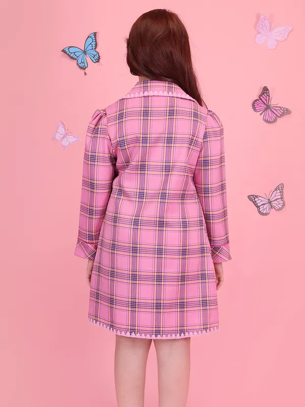 Cutecumber_Girls'_Fuschia_Check_Winter_Long_Coat_Two_Piece_Dress_Set_for_Baby_Girls_and_Kids_1_to_15_Years_with_Lapel_Collar_Glitter_Chenille_Fabric_Stylish_Sleeveless_Inner_Dress_Festive_Kids_Outfit