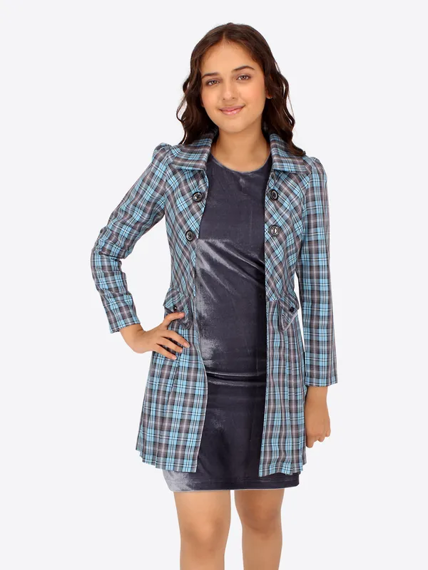 Cutecumber_Girls_Chenille,_Check_&_Coat_Winter_Shift_Dress.Full_Sleeves_Checkered_Long_Jacket_Grey