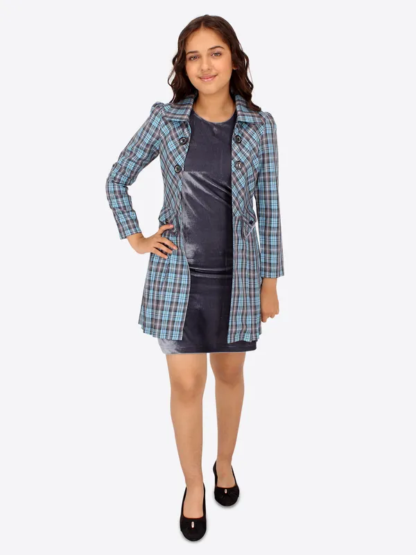Cutecumber_Girls_Chenille,_Check_&_Coat_Winter_Shift_Dress.Full_Sleeves_Checkered_Long_Jacket_Grey