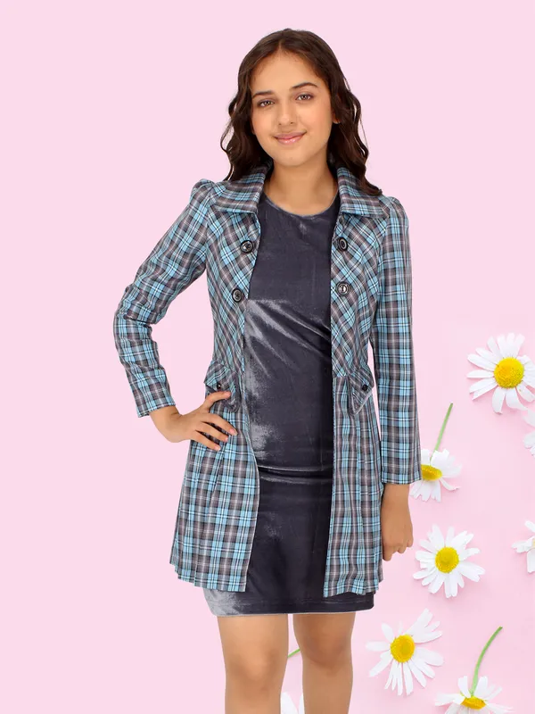 Cutecumber_Girls_Chenille,_Check_&_Coat_Winter_Shift_Dress.Full_Sleeves_Checkered_Long_Jacket_Grey