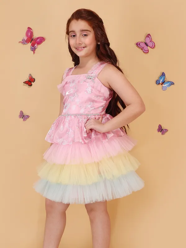 Cutecumber_Girls_Pink_Printed_Organza_Fit_&_Flare_Dress_with_Layered_Tulle_Hem,_Sleeveless_Straps,_Zip_Closure,_Trendy_Party_&_Casual_Outfit_for_Birthday_&_Festive_for_Baby_Girls_&_Kids_Age_1-15_Yrs