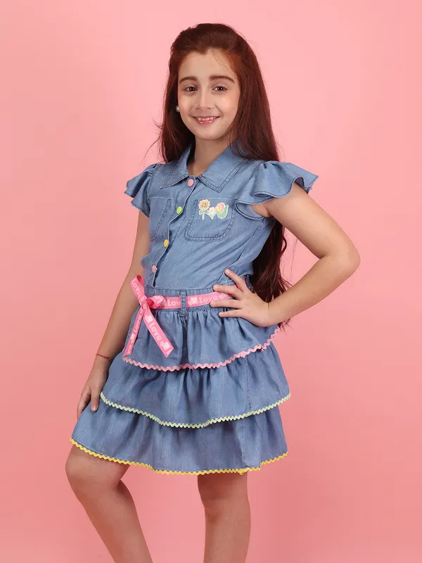 Cutecumber_Girls_Blue_Silky_Denim_Layered_Dress_with_Pink_Belt_&_Ruffle_Sleeves_Collared_Short_Sleeve_Knee-Length_Casual_for_Baby_Girls_&_Kids_(1�15_Years)