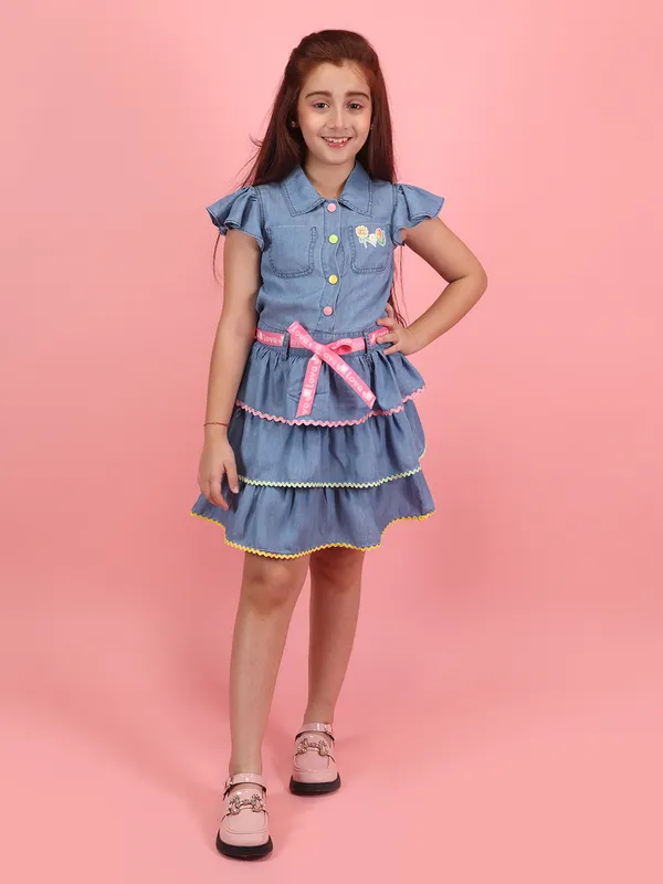 Cutecumber_Girls_Blue_Silky_Denim_Layered_Dress_with_Pink_Belt_&_Ruffle_Sleeves_Collared_Short_Sleeve_Knee-Length_Casual_for_Baby_Girls_&_Kids_(1�15_Years)