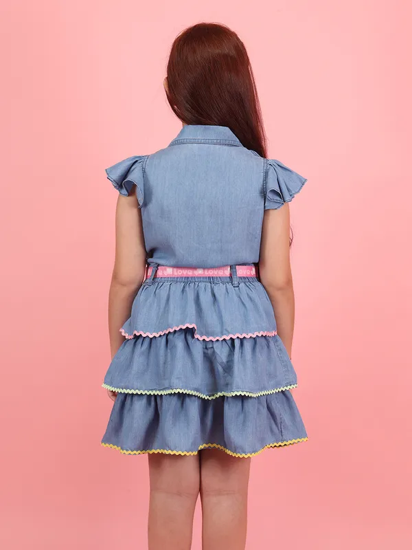 Cutecumber_Girls_Blue_Silky_Denim_Layered_Dress_with_Pink_Belt_&_Ruffle_Sleeves_Collared_Short_Sleeve_Knee-Length_Casual_for_Baby_Girls_&_Kids_(1�15_Years)