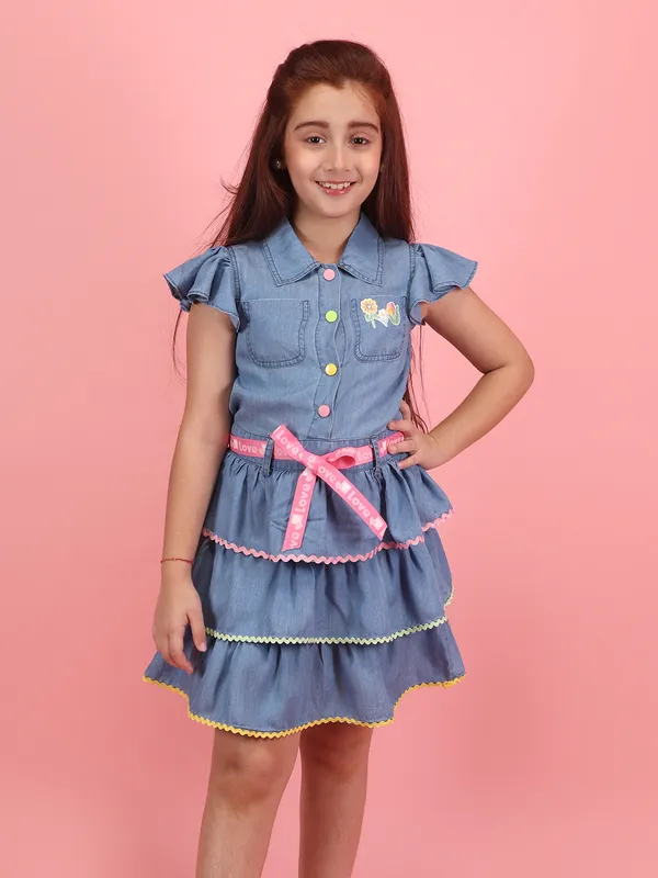 Cutecumber_Girls_Blue_Silky_Denim_Layered_Dress_with_Pink_Belt_&_Ruffle_Sleeves_Collared_Short_Sleeve_Knee-Length_Casual_for_Baby_Girls_&_Kids_(1�15_Years)