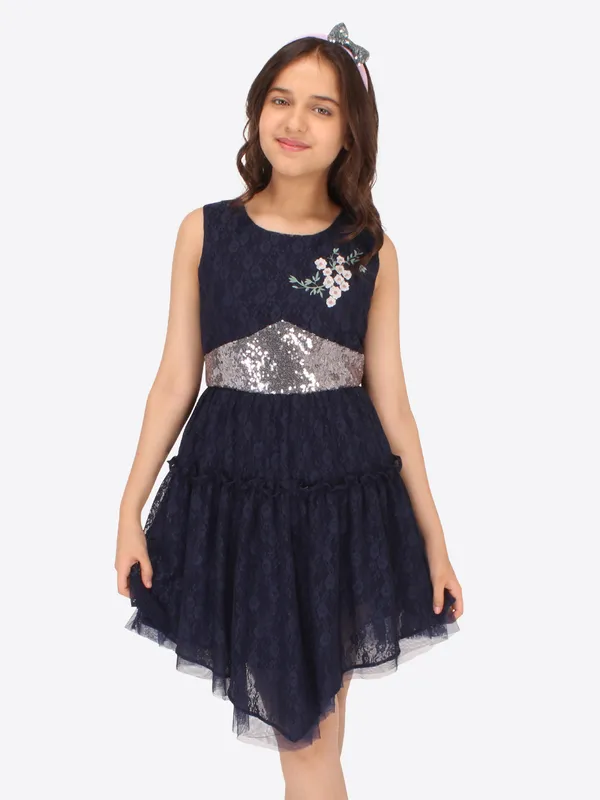 Cutecumber_Girls_Net_&_Lace_Fabric_Fit_&_Flared_Sleeveless_Dress.CC7176D-NAVY-44