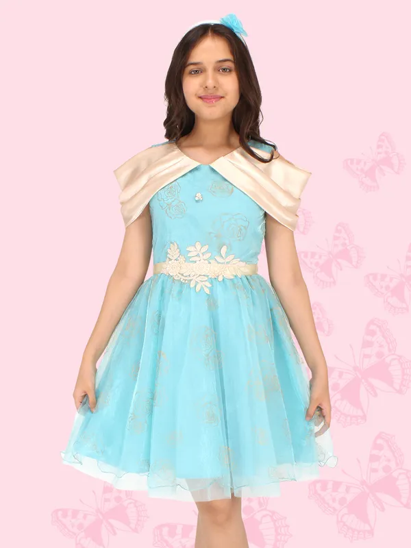 Cutecumber_Girls_Satin,Organza_&_Net_Fit_&_Flared_Floral_Printed_Dress_with_Hairband.CC7175D-AQUA