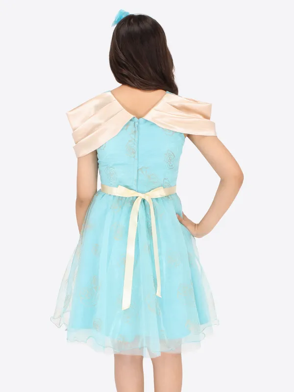 Cutecumber_Girls_Satin,Organza_&_Net_Fit_&_Flared_Floral_Printed_Dress_with_Hairband.CC7175D-AQUA