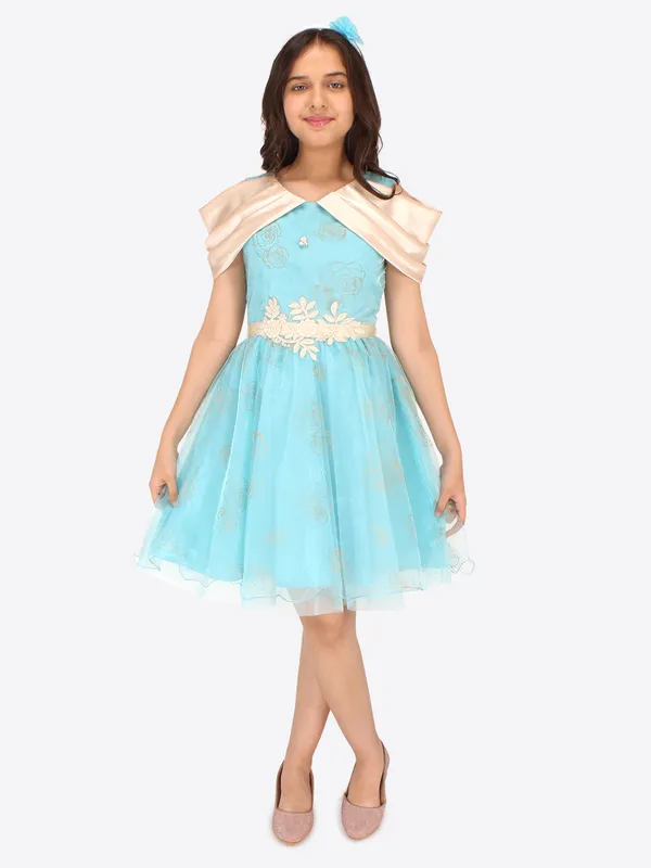 Cutecumber_Girls_Satin,Organza_&_Net_Fit_&_Flared_Floral_Printed_Dress_with_Hairband.CC7175D-AQUA