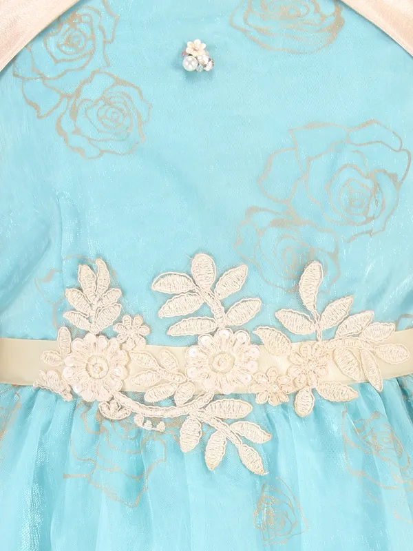 Cutecumber_Girls_Satin,Organza_&_Net_Fit_&_Flared_Floral_Printed_Dress_with_Hairband.CC7175D-AQUA