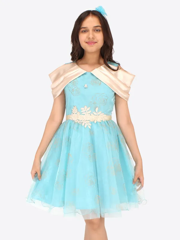 Cutecumber_Girls_Satin,Organza_&_Net_Fit_&_Flared_Floral_Printed_Dress_with_Hairband.CC7175D-AQUA