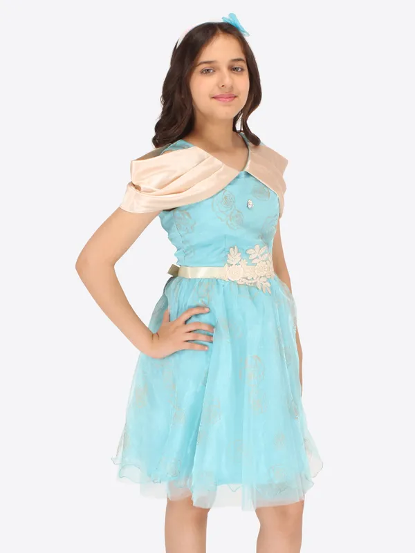Cutecumber_Girls_Satin,Organza_&_Net_Fit_&_Flared_Floral_Printed_Dress_with_Hairband.CC7175D-AQUA