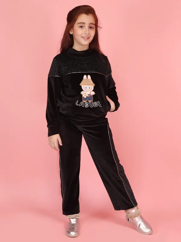 Cutecumber_Black_Winter_Clothing_Set_For_Girls_Glitter_Print_Round_Neck_Full_Sleeve_Straight_Fit_Trouser_Suit_Chenille_Warm_Fabric_Stylish_Zip_Closure_Party_Outfit_For_Baby_Girls_&_Kids_Age_1-15_Yrs