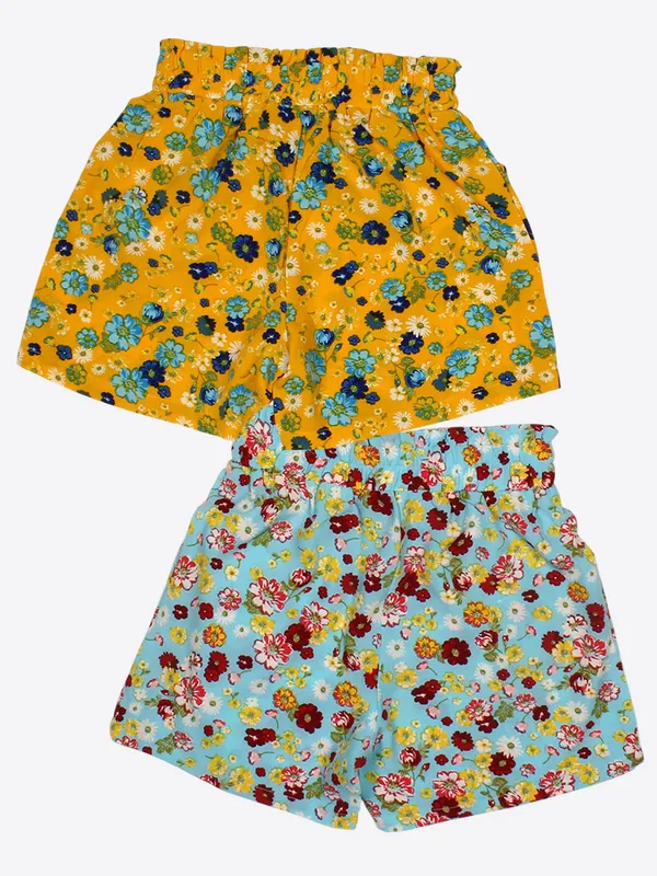 Cutecumber_Girls_Polyester_Floral_Shorts_Elastic_Waist_�_Pack_of_2_Comfort_Casual_Summer_Bottoms,_Trendy_Print_Designs_Yellow_Blue,_Baby_Girls_Kids_Ages_1-15_Years,_Breathable_Fabric