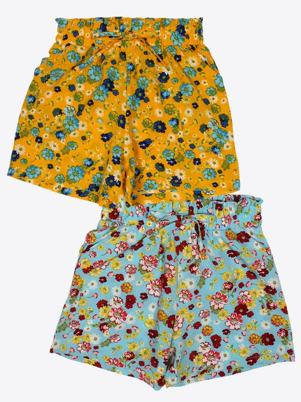 Cutecumber_Girls_Polyester_Floral_Shorts_Elastic_Waist_�_Pack_of_2_Comfort_Casual_Summer_Bottoms,_Trendy_Print_Designs_Yellow_Blue,_Baby_Girls_Kids_Ages_1-15_Years,_Breathable_Fabric
