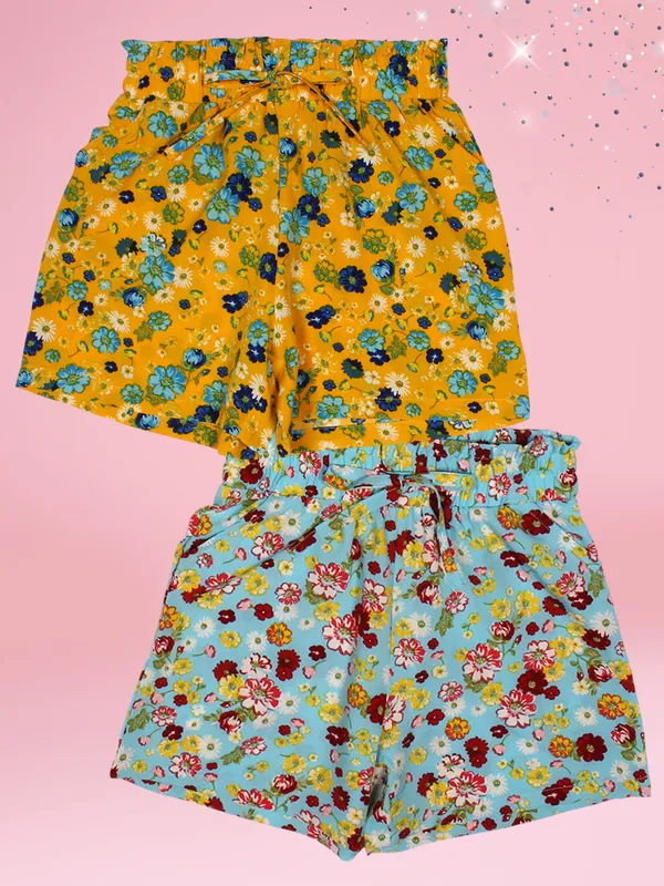 Cutecumber_Girls_Polyester_Floral_Shorts_Elastic_Waist_�_Pack_of_2_Comfort_Casual_Summer_Bottoms,_Trendy_Print_Designs_Yellow_Blue,_Baby_Girls_Kids_Ages_1-15_Years,_Breathable_Fabric