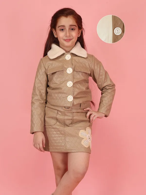 Cutecumber_Brown_Winter_Clothing_Set_For_Girls_Tan_Leatherette_Fur_Collar_Neck_Full_Sleeve_Mini_Skirt_Suit_Quilted_Fabric_Stylish_Fancy_Button_Closure_Party_Outfit_For_Baby_Girls_&_Kids_Age_1-15_Yrs