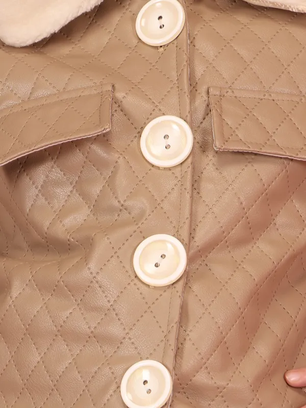 Cutecumber_Brown_Winter_Clothing_Set_For_Girls_Tan_Leatherette_Fur_Collar_Neck_Full_Sleeve_Mini_Skirt_Suit_Quilted_Fabric_Stylish_Fancy_Button_Closure_Party_Outfit_For_Baby_Girls_&_Kids_Age_1-15_Yrs